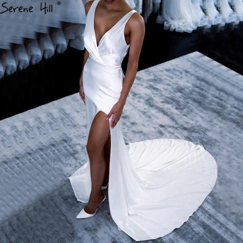 Fehér, Egyszerű Hableány Sexy Estélyi Ruhák 2023 Szatén V-Nyakú, Ujjatlan Formális Ruha Női Elegáns Design Serene Hill BLA70634