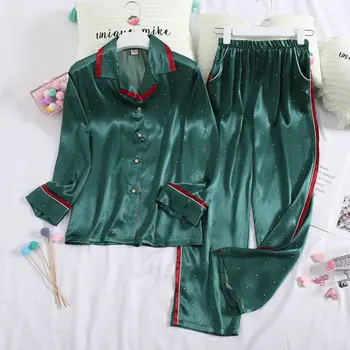 Zöld Szatén Pizsama Ruha 2DB Szexi Kapcsolja Le a Gallér Pizsama Szett Nők Nyári Hálóruházat a Derék Rugalmas Hálóruha Intim Homewear
