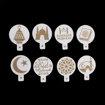 Forró Eladó 8pcsset Eid Mubarak Ramadan Design Kávé Stencil Sütés Cupcake Ramadan Dekorációs Eszköz Keksz Mousse Torta Sablon