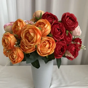 9 Fej Mesterséges pünkösdi Rózsa a Virágok, Esküvői Dekoráció, Csokor, Selyem Hamis Rózsa Virág Növények Otthon Vázák Irodai Dekoráció Kiegészítők