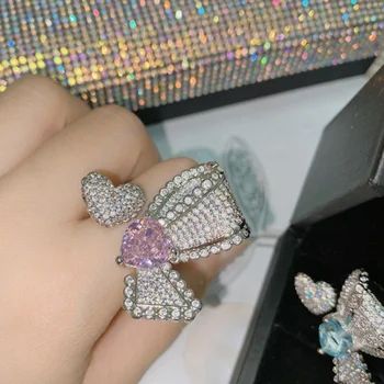 Luxus Fényes Szív Alakú Nagy Bowknot Állítható Gyűrű a Nők Esküvő Ékszer Aranyos Elegáns Kék Cirkon Rózsaszín Kristály Gyűrű