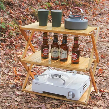 Fa kemping asztal Összecsukható Polc 3-4 Réteg Könnyű, szabadtéri élő kemping BBQ kemping asztal pohártartóban piknik fából készült asztal