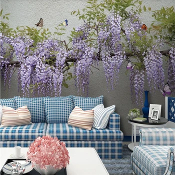 Egyéni háttérkép, 3D sztereó fénykép falfestmény, lila akác virág, pillangó, TV, kanapé háttér falon festmény cucc de parede 3d háttérkép