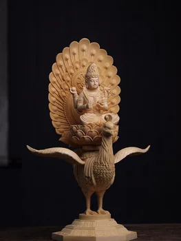 Fa Páva Wang Ming Buddha-Szobor -Tömör Fa Faragás Nagy Buddha-Szobor Haza Nappali, Szoba Feng Shui Szobor 38cm