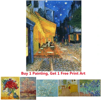 Kézzel készített Vincent Van Gogh Vászon, olajfestmény, Kávézó, Terasz, Éjszaka, Pink Peach Tree Mű Nappali Fal lakberendezés