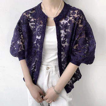 Japán Stílusú Csipke Kabát Női Tavaszi-Nyári Vintage Fél Ujja Hímzett Kabát Felsőruházat Felső Chaquetas Mujer