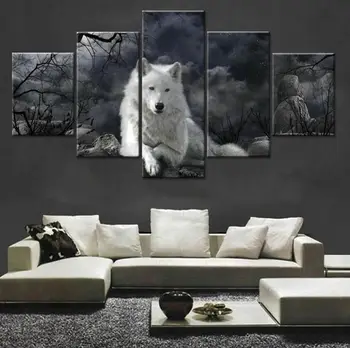 Fehér Farkas az Erdőben Éjszaka 5 Db Vászon Wall Art Festék Poszter lakberendezés Képek HD Print Room Decor Festmények