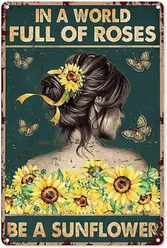 Vintage Fém Adóazonosító Jel Hippi Lányt, Pillangók Napraforgó Dekoráció Egy Világ Tele Rózsa Egy Napraforgó Vas Festmény