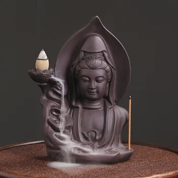 Avalokitesvar Lila Agyag Kézműves Buddha Vízesés Backflow Füstölő Lakberendezés Füstölő Tartót Kerámia Censer