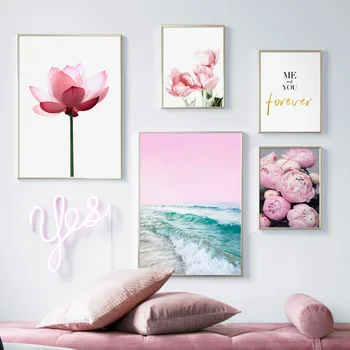 Rózsaszín Lótusz Tulipán Krizantém Égi Tenger Wall Art Vászon Festmény Északi Poszter, Nyomatok, Fali Kép, Nappali Lakberendezés