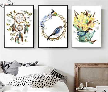 Keret nélküli Akvarell Növényt, Virágot, Madarat Dreamcatcher Modern Plakát Vászon Művészeti Ebédlő Berendezés HD Nyomtatás