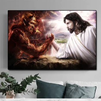 Isten Jézus Vs Sátán Ördög Art Kép, Vászon Festmény Poszter, Nyomatok Vallás Wall Art Dekoráció Keresztény Nappali