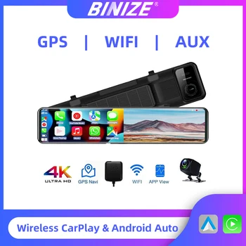 Binize Kamera Vezeték nélküli Carplay & Android Auto Autó Tükör Videó Felvétel Csatlakozás AUX 5G WiFi GPS Navigáció FM