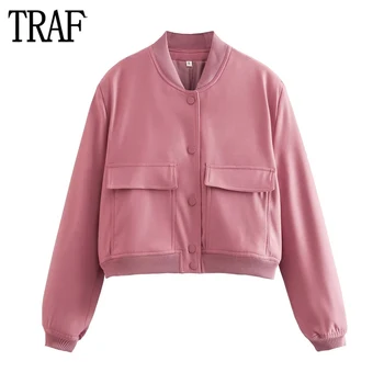 TRAF 2023 Bomber Dzseki Női Pink Vágott Dzseki Nő Streetwear Túlméretes Kabátok Női Kabát, Hosszú Ujjú Női Kabát