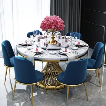 Posztmodern márvány asztal, meg a szék kombináció, világos luxus egyszerű rozsdamentes acél háztartási kör alakú asztal