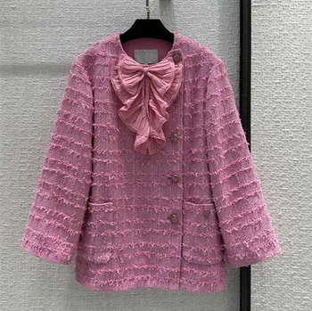 Európai, illetve Amerikai női ruhák 2023 tavaszán új, Hosszú ujjú íj rózsaszín Kerek nyak divat Tweed kabát